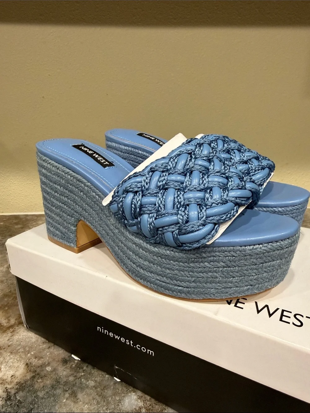 Nine West Blue Braided Platform Slide Sandals